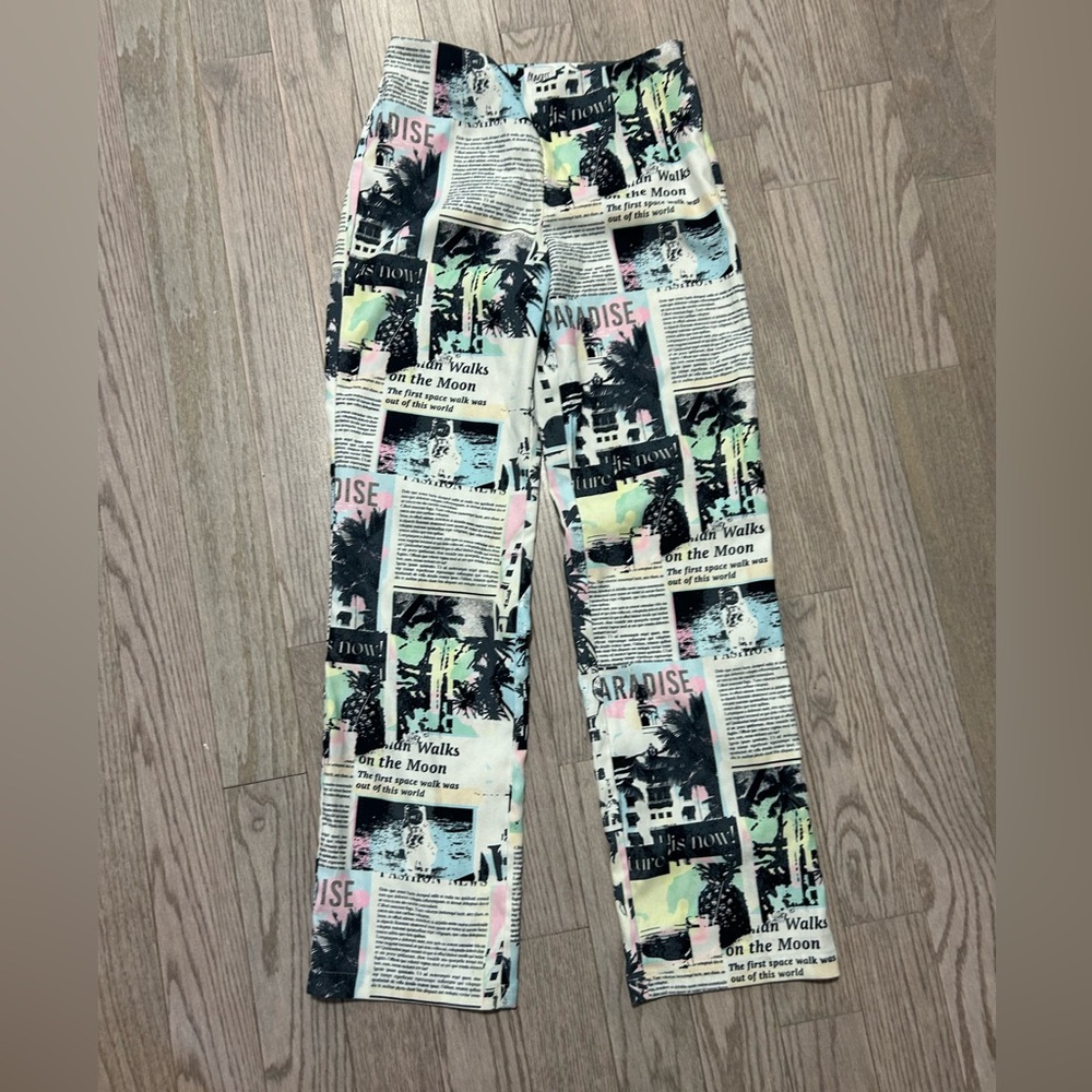 Princess Polly Newspaper print low rise boot cut pants